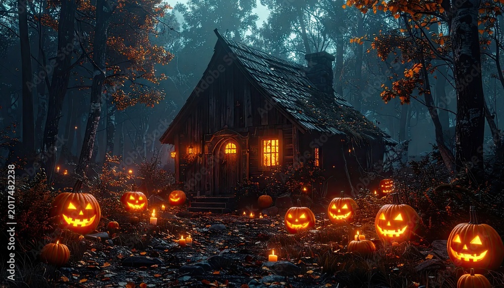 Fototapeta premium Spooky halloween scene with illuminated pumpkins and a mysterious cottage