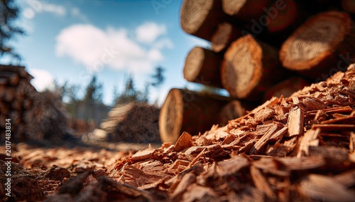 Close-up of freshly cut wood logs and wood chips in a forest logging site.
