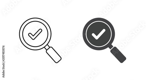Photography Magnifying glass with check mark icon set on white background representing verified search result or successful inspection in thin line and solid glyph style