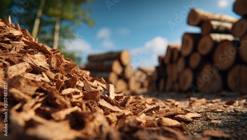Close-up of Wood Chips with Stacked Logs in Background.