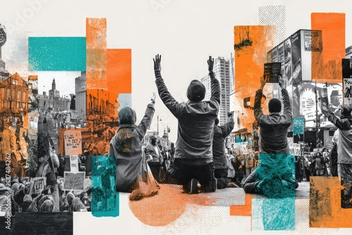 People Raising Hands in Protest or Celebration Collage.