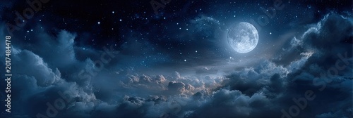 A full moon shines through dark, dramatic clouds under a star-filled night sky