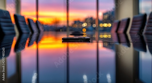 Conference room with sunset view, reflects the colorful sky