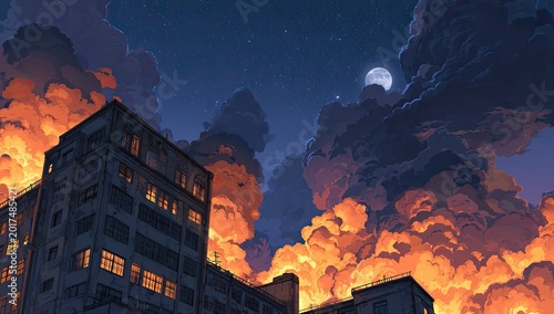 Dramatic sunset illuminates abandoned industrial buildings under a starry sky