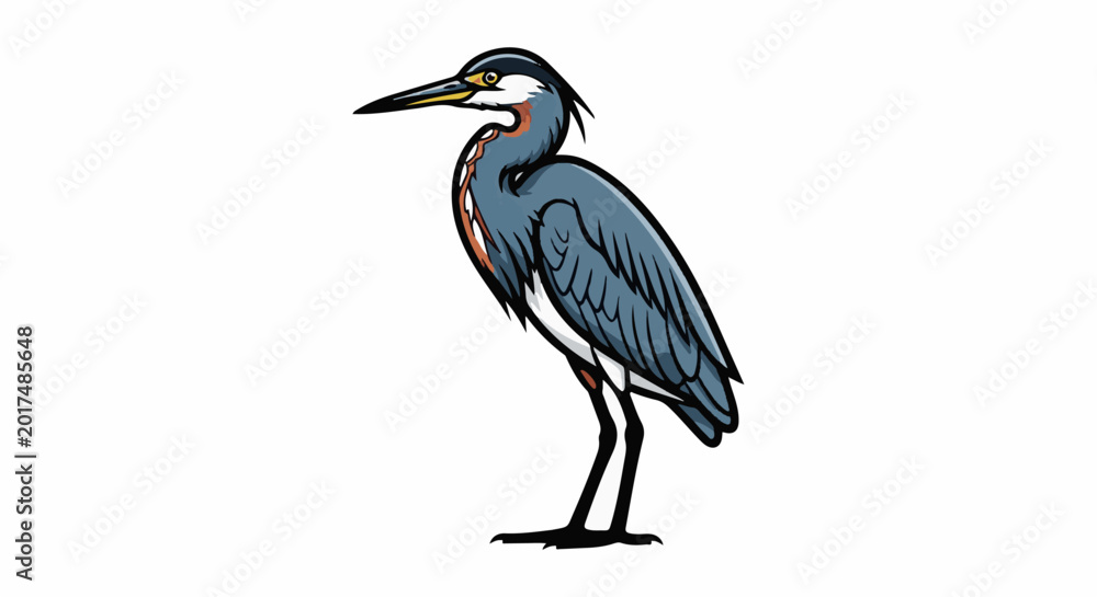 Fototapeta premium Stylized blue heron standing on white background, profile view, long beak, elegant neck