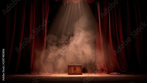 Spotlight illuminates a mysterious chest amidst swirling stage fog