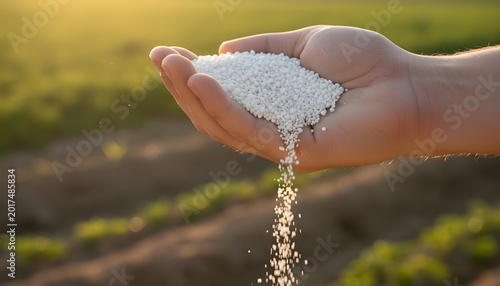 Hand Pouring White Granular Fertilizer on Farm Field Soil for Agriculture and Crop Growth Concept