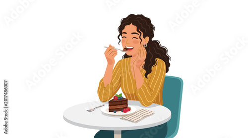 A young woman with curly dark hair, wearing a bright yellow patterned top, happily eats a rich slice of chocolate cake at a cafe table, relishing the decadent dessert with a joyful expression.