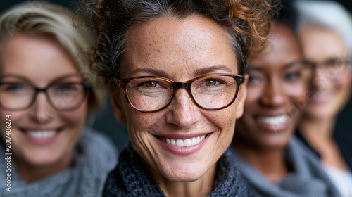 Vier lächelnde Frauen unterschiedlichen Alters und verschiedener Herkunft posieren gemeinsam für ein Gruppenportrait.