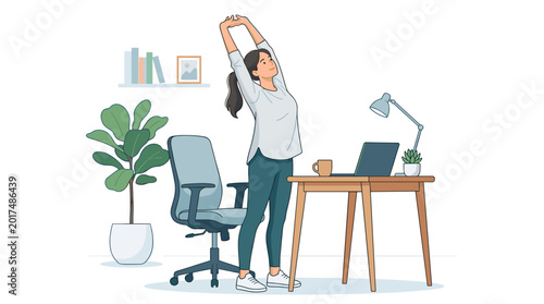 A woman stretches her arms overhead while standing in a home office, with a desk, laptop, office chair, and a plant visible, illustrating a work break for stretching and physical relief.
