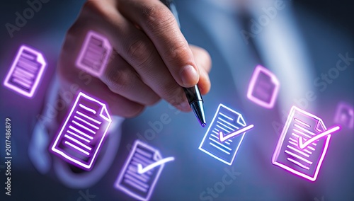 Digital document approval process with a pen marking a checkmark on a glowing file