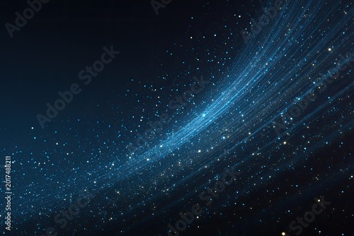 Flowing blue light streams and scattered luminous particles on dark background