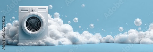 White washing machine amidst voluminous white foam and floating bubbles