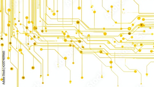 Abstract yellow lines and dots resembling a digital circuit board network
