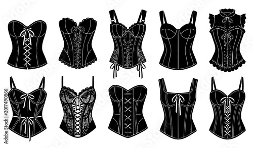 Fotografía Corset Top Vector Illustration Set with Lace Up Fashion Apparel Front View Desig