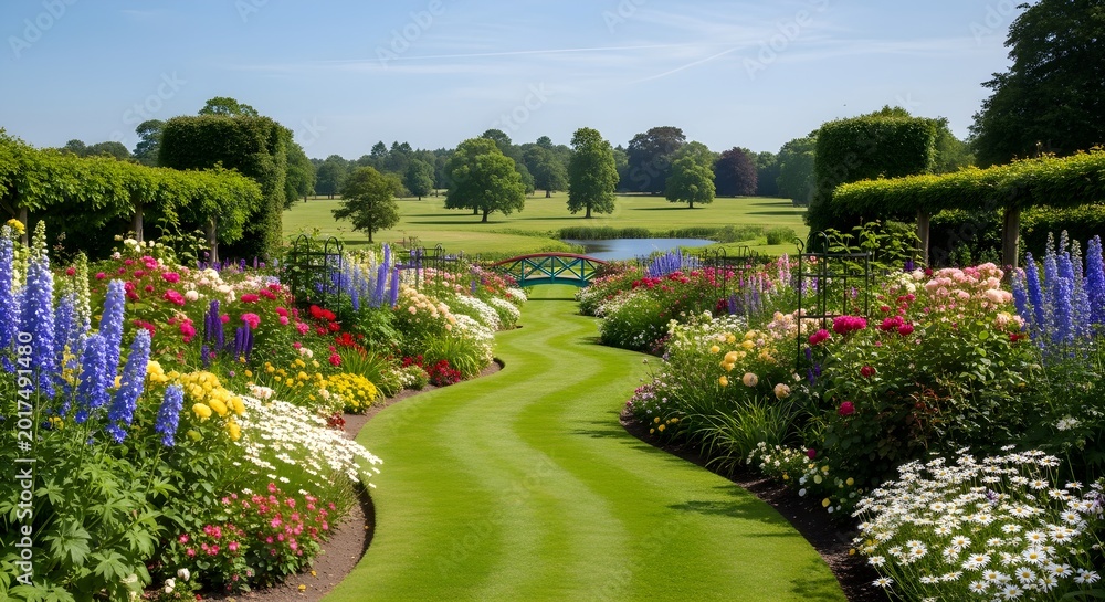 Obraz premium Sunlit formal garden path of velvety green lawn winds gently between exuberant borders of roses, delphiniums and daisies, leading the eye toward tranquil ponds and distant parkland beneath a flawless 