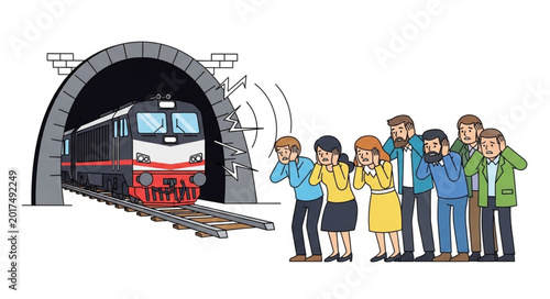 Принти на полотні Train emerging from tunnel startling group of people.