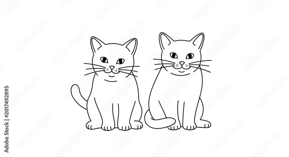 Fototapeta premium Two Adorable Kittens Sitting Together Hand Drawn Sketch.
