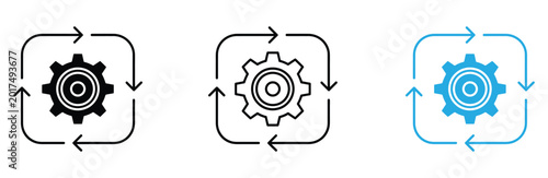 Gear icons with cyclical arrows in black and blue for business process concepts