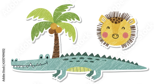 Cute Cartoon Crocodile and Lion Head with Palm Tree Illustration.