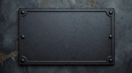 Blank Black Metal Plate with Rivets on Dark Surface.