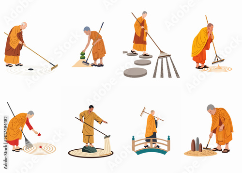 Tableau sur toile Collection of Buddhist monks in saffron robes raking sand and maintaining a Japanese Zen garden in a minimalist flat vector style