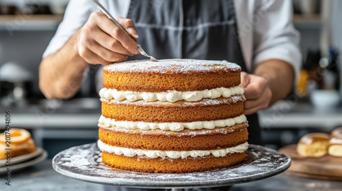 Baker decorating a layered chocolate cake with white cream frosting and colorful sprinkles on a cake stand in a modern kitchen.