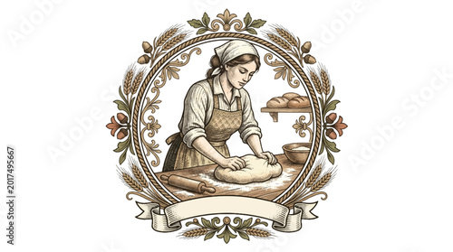 Tableau sur toile Woman kneading dough in ornamental frame vector illustration