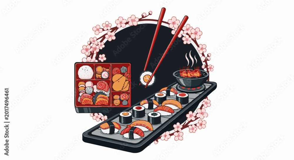 Fototapeta premium Pixel art illustration of a bento box, sushi, and grilled food with cherry blossoms