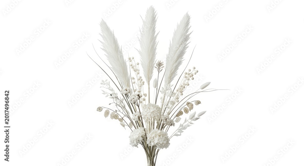 Fototapeta premium Minimalist Dried Flower Bouquet with White Pampas Grass and Hydrangea Isolated on White Background