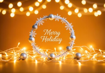 merry holiday festive wreath with fairy lights and golden baubles on warm background
