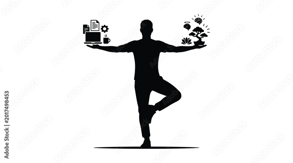 Fototapeta premium Silhouette of a man balancing professional work tasks with personal mindfulness and mental health symbols in this conceptual studio photograph illustrating a healthy life work balance