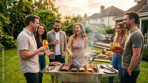 Friends enjoying a backyard barbecue on a sunny day