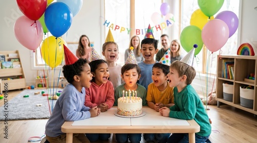 Children celebrating a birthday party with cake and balloons