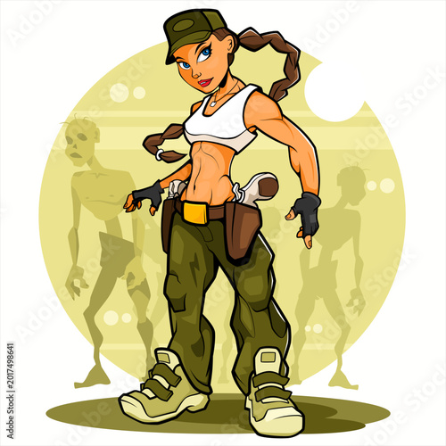 Photos Zombie's female gun fighter. Woman with guns. Vector graphics