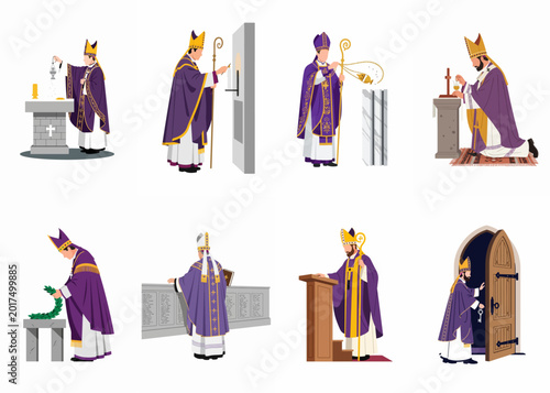 Фотография Illustration set of a Catholic bishop in purple vestments performing various religious ceremonies, rituals, and liturgical services in a church setting