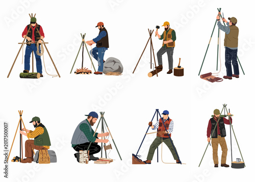 Quadro su tela Set of illustrations showing men practicing bushcraft, survival skills, and outdoor camp building techniques like tripod construction and woodcraft in the wilderness