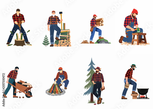 Flat vector illustrations of bearded lumberjacks in plaid shirts chopping wood, stacking logs, and preparing campfires on a white background.