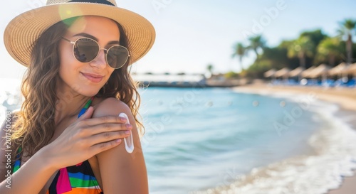 Pretty woman holding sunscreen bottle beside tropical coastline wearing stylish summer accessories. 