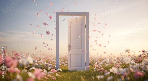 Open Door Surrounded by Blossoming Flowers in a Dreamy Field at Sunrise, Conceptual Nature Illustration with Soft Lighting and Atmospheric View