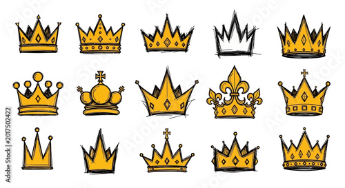 Billede på lærred Hand drawn golden crown vector set, 15 royal king and queen crowns with black in