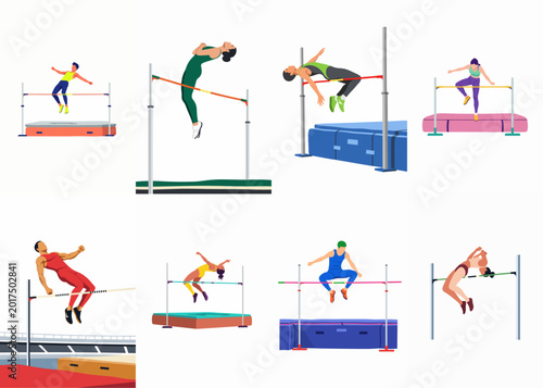 Collection of flat vector illustrations featuring diverse male and female athletes performing high jump at track and field competitions.