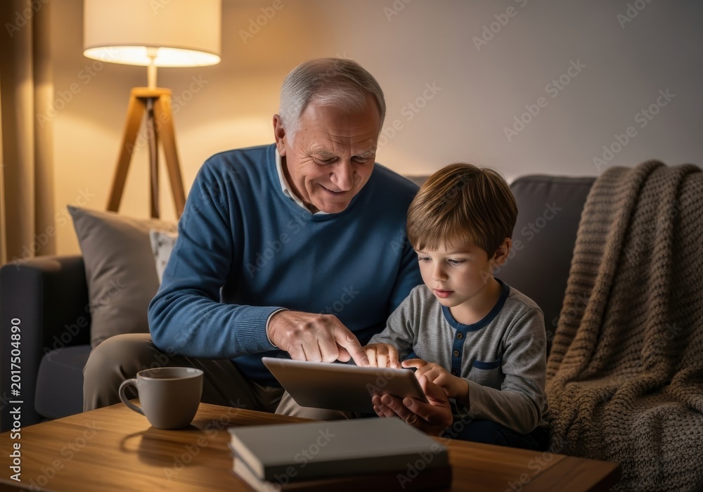 Fototapeta premium Grandfather and Grandson Using Digital Tablet Together in Cozy Living