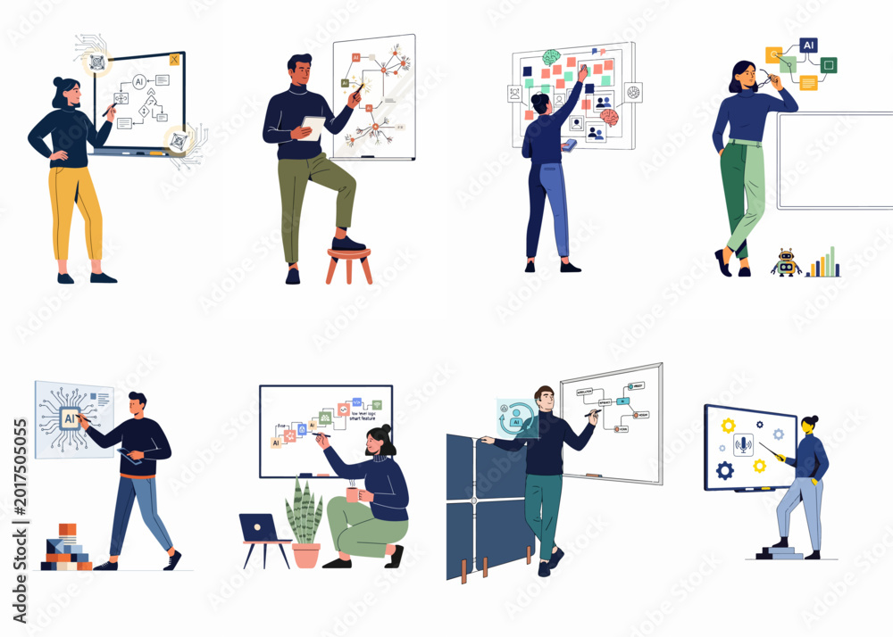 Fototapeta premium Collection of diverse professionals working with artificial intelligence, machine learning concepts, and digital technology on whiteboards in a modern office setting.