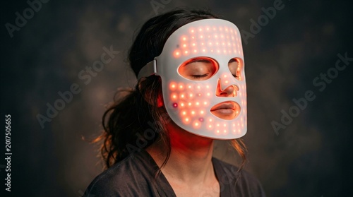 Woman wearing led light therapy facial mask during anti aging spa treatment. Innovation in cosmetic skincare technology for skin rejuvenation and health. Wellness therapy concept.