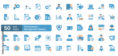 Billede på lærred Comprehensive collection of fifty blue flat vector icons for procurement managem