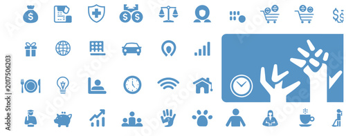 Photos Professional set of blue corporate employee benefits and business management icons depicting financial growth, healthcare, travel, and lifestyle perks for websites