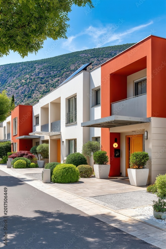 Fototapeta premium Modern white and red townhouses on a sunny suburban street with mountain backdrop