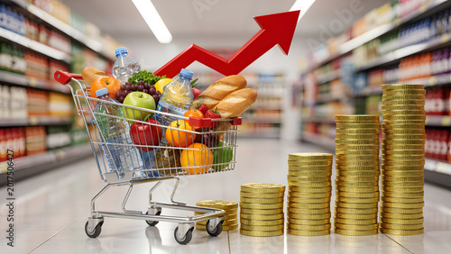 Grocery cart with rising prices inflation concept