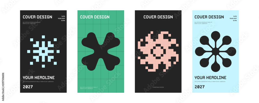 Naklejka premium Modern New Year story templates featuring pixel and bionic snowflakes in a futuristic winter style. Clean geometric compositions perfect for social media, holiday branding and festive digital content.